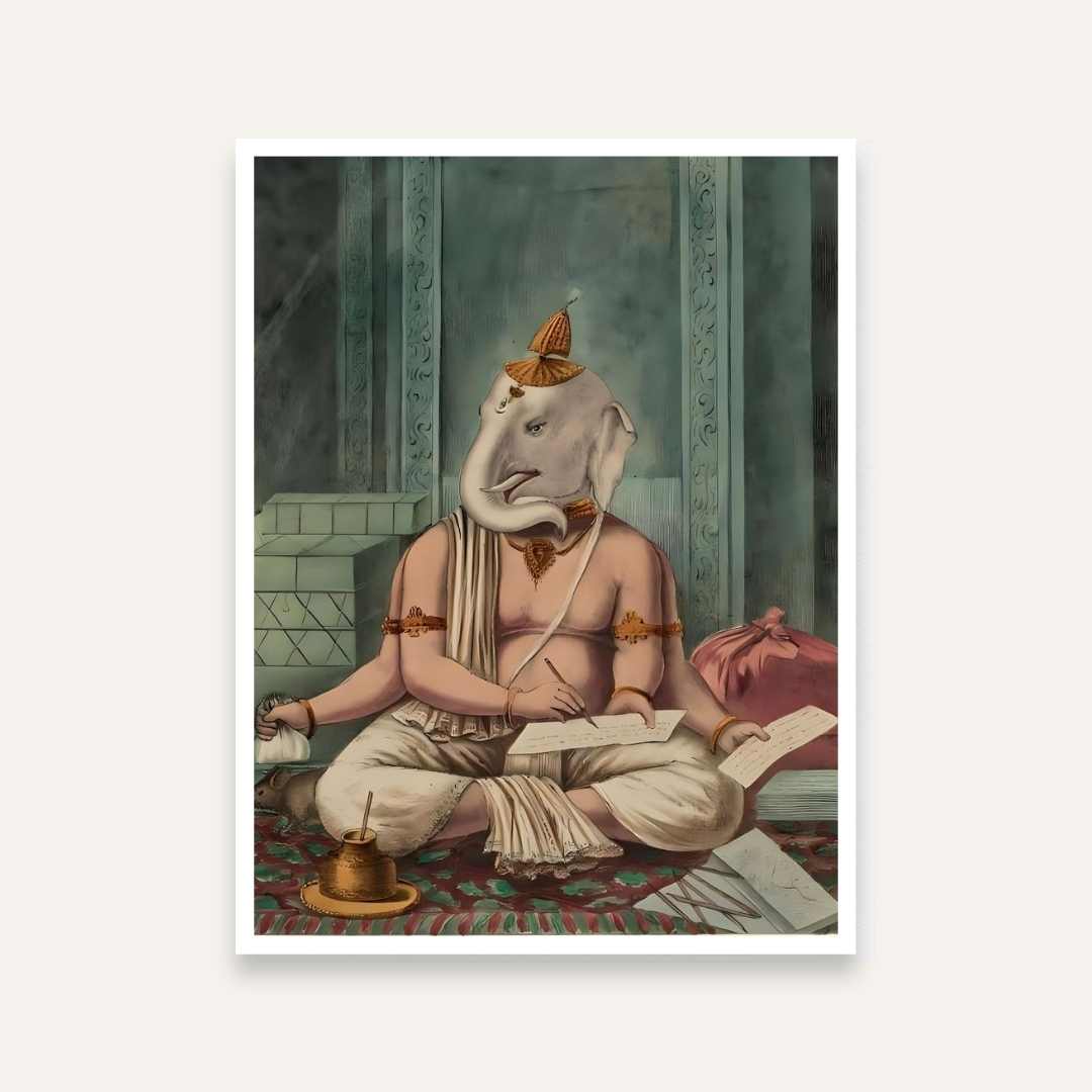 Ganesha Writing Mahabharata Painting for Home | Spiritual Wall Art | Giclée Print 4 :5 Vertical Premium Wall Art Canvas by MeriDeewar