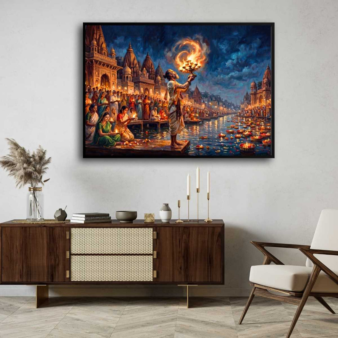 Ganga Aarti at Varanasi Ghats Wall Art | Spiritual Oil Painting Style Framed Print 2 : 3 Horizontal Premium Wall Art Canvas by MeriDeewar