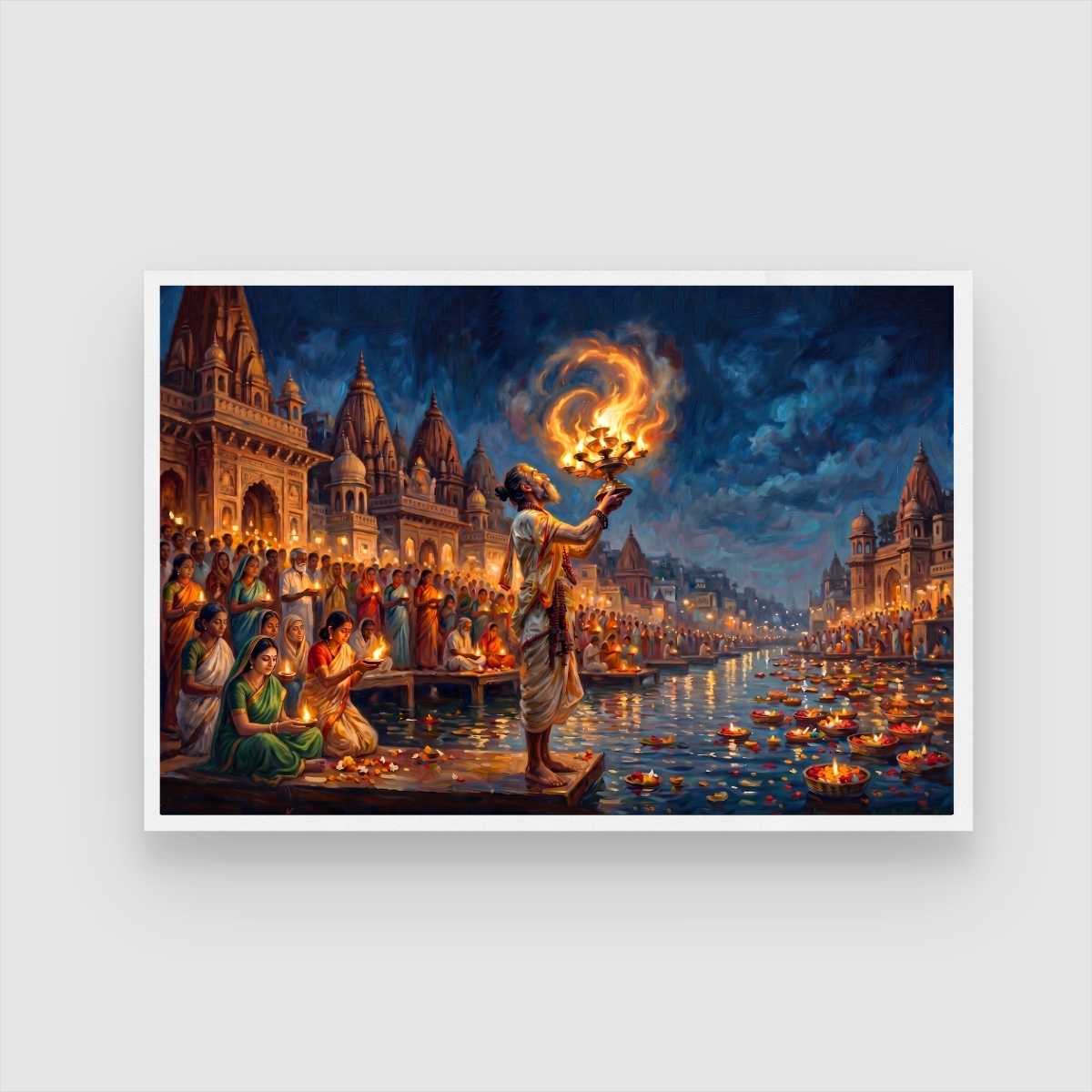 Ganga Aarti at Varanasi Ghats Wall Art | Spiritual Oil Painting Style Framed Print 2 : 3 Horizontal Premium Wall Art Canvas by MeriDeewar