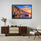 Ganga Aarti Varanasi | Sacred Kashi Ghats Sunset Gallery Wrap Canvas Curate Black Premium Wall Art Canvas by MeriDeewar