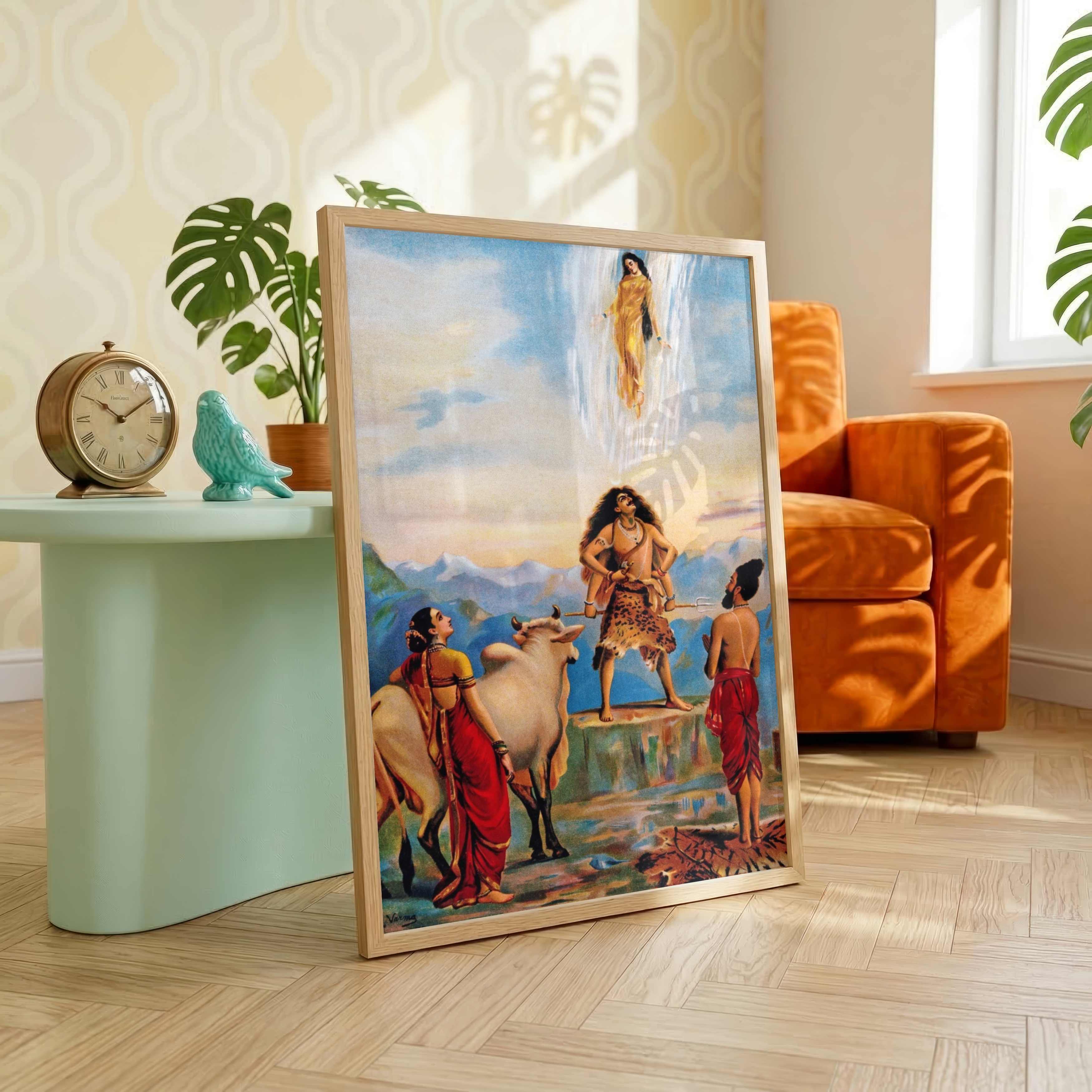 Gangawataran Painting by Raja Ravi Varma | Shiva Ganga Spiritual Wall Art for Home 3 : 4 Vertical Premium Wall Art Canvas by MeriDeewar