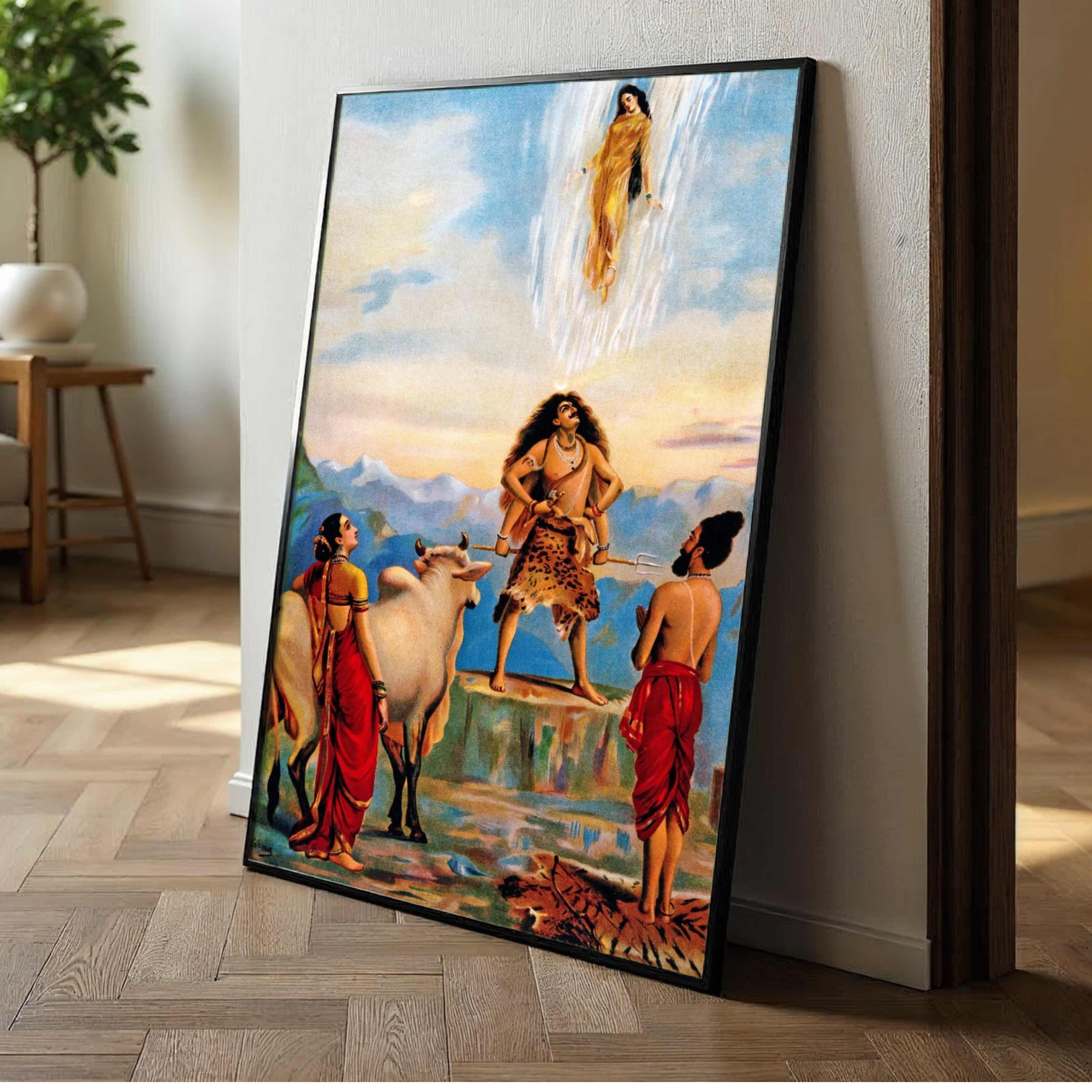 Gangawataran Painting by Raja Ravi Varma | Shiva Ganga Spiritual Wall Art for Home 3 : 4 Vertical Premium Wall Art Canvas by MeriDeewar