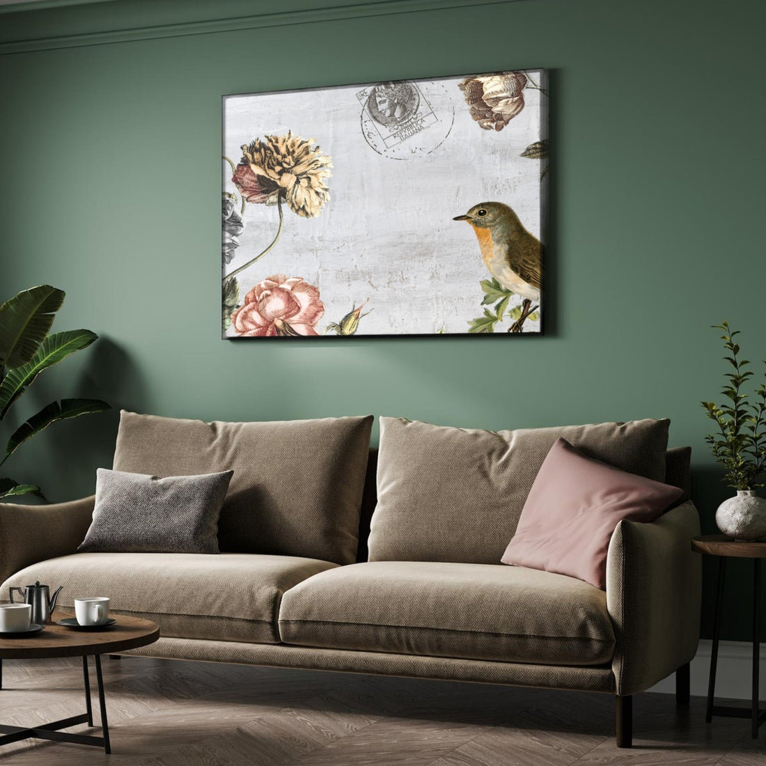 Garden Robin — Rustic Floral Canvas Print 2 : 3 Horizontal Premium Wall Art Canvas by MeriDeewar