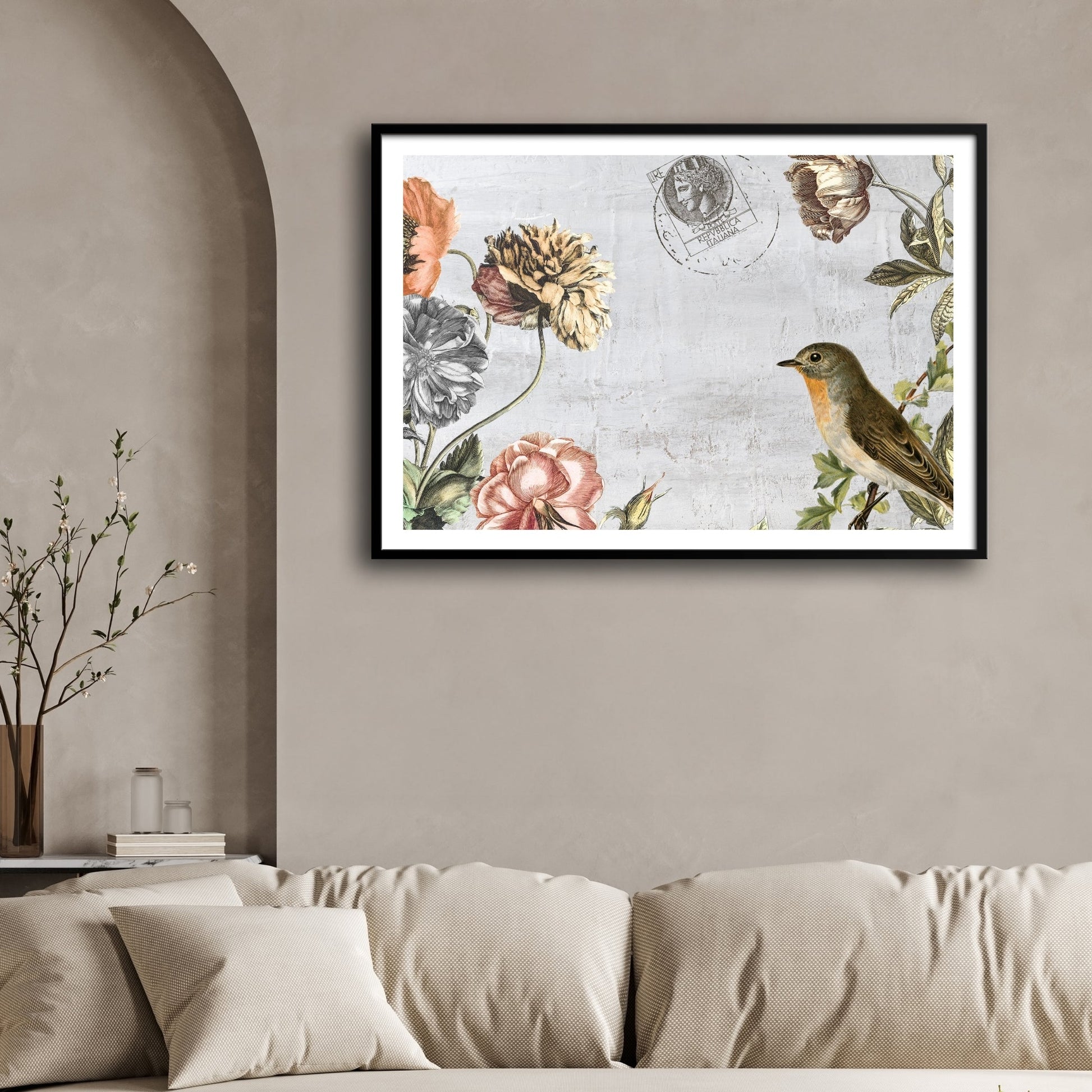 Garden Robin — Rustic Floral Canvas Print 2 : 3 Horizontal Premium Wall Art Canvas by MeriDeewar