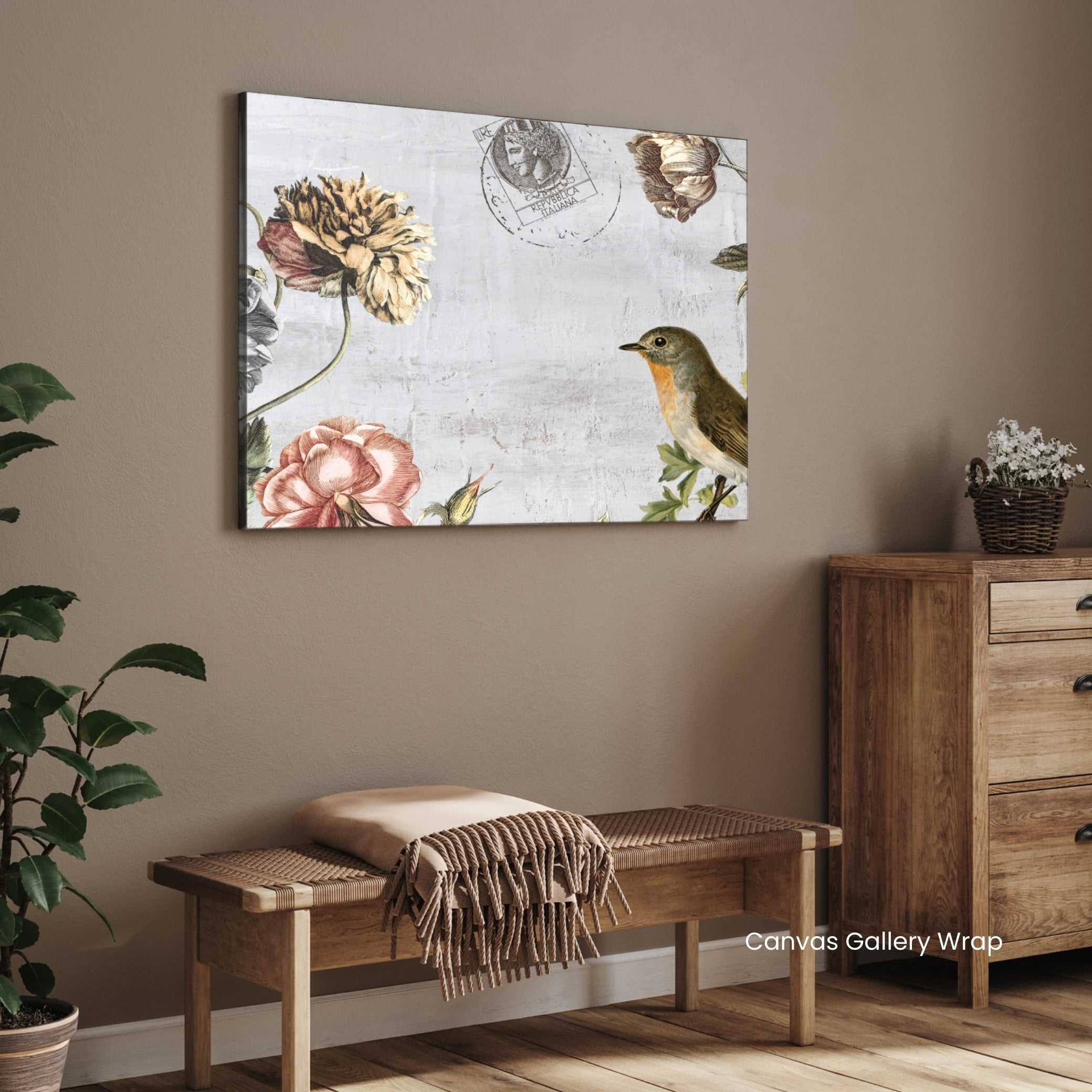 Garden Robin — Rustic Floral Canvas Print 2 : 3 Horizontal Premium Wall Art Canvas by MeriDeewar