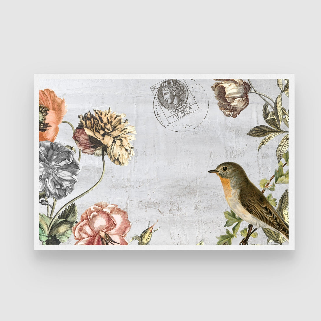 Garden Robin — Rustic Floral Canvas Print 2 : 3 Horizontal Premium Wall Art Canvas by MeriDeewar