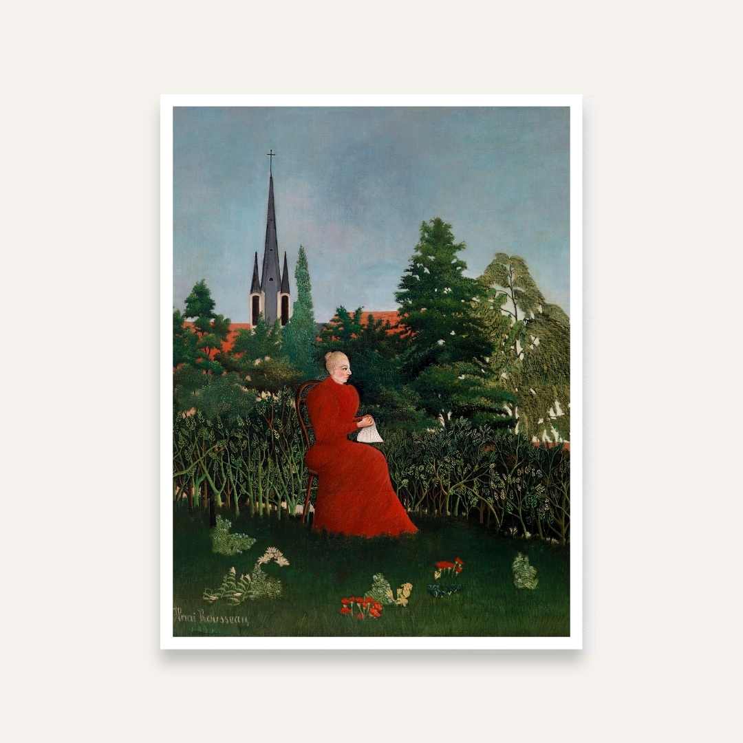 Garden Scenery Painting for Living Room | Woman in Red Dress Nature Wall Art | Giclée Print 4 :5 Vertical Premium Wall Art Canvas by MeriDeewar