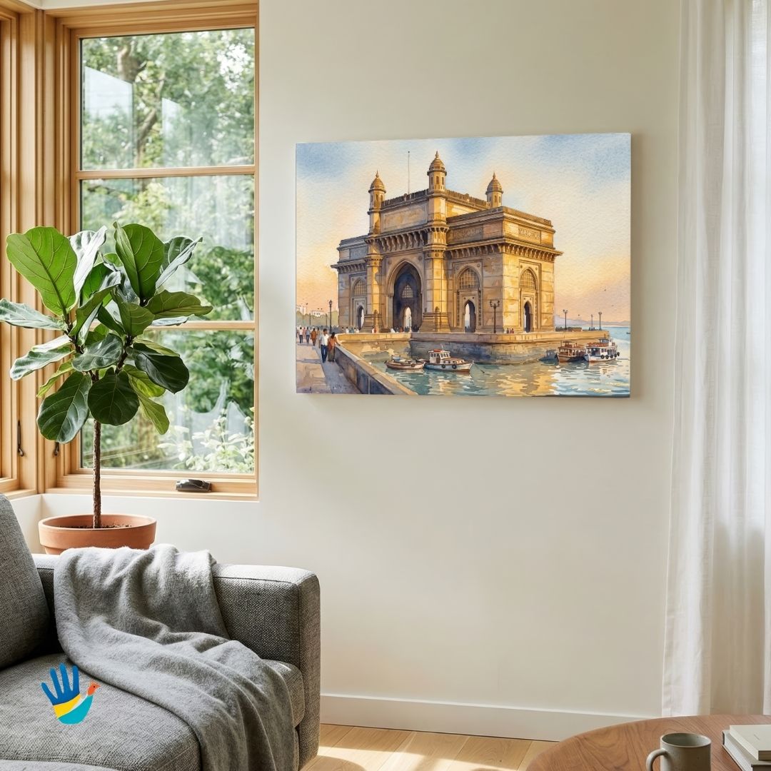 Gateway of India Mumbai | Heritage Coastal Architecture Watercolor Framed Art 4 : 3 Horizontal Premium Wall Art Canvas by MeriDeewar