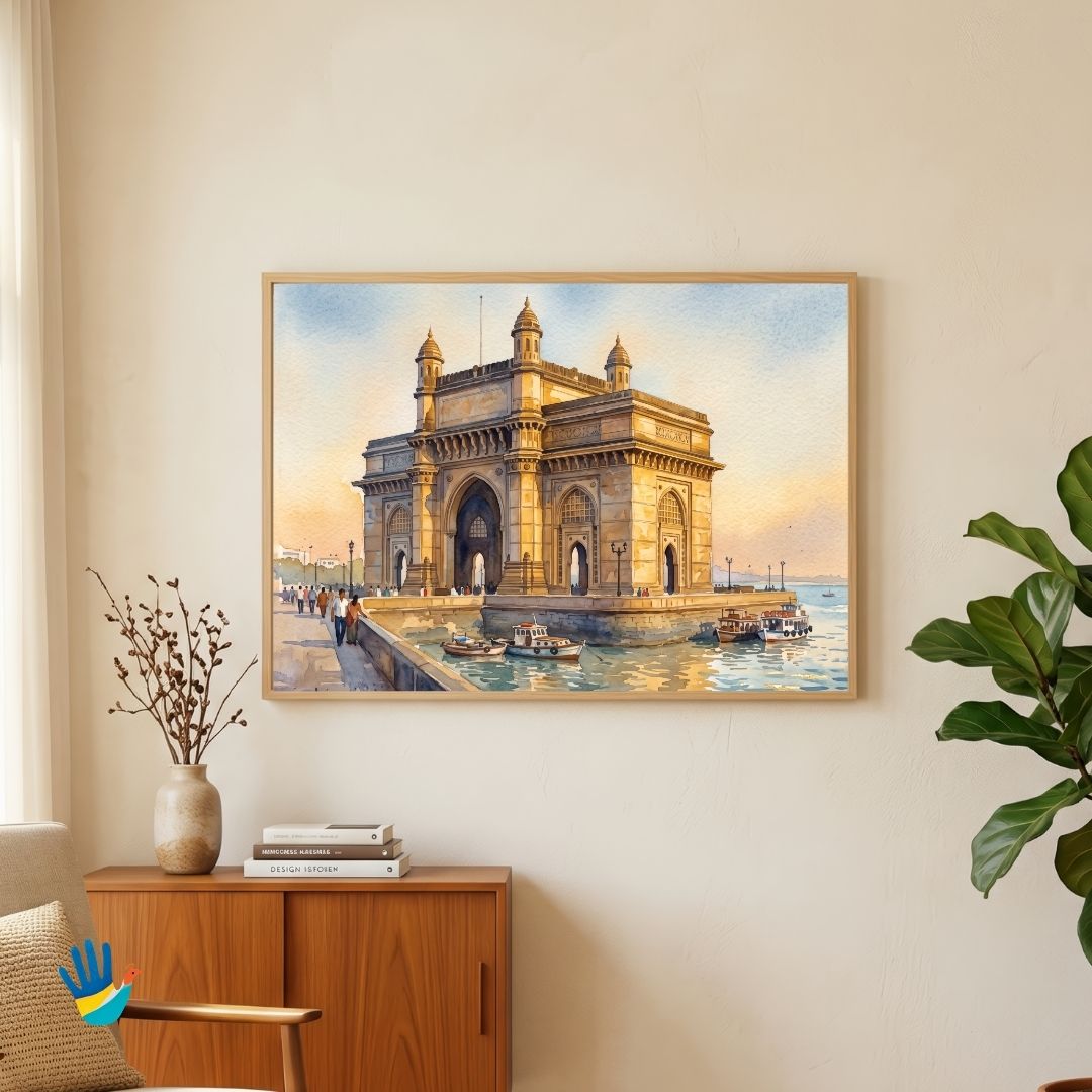 Gateway of India Mumbai | Heritage Coastal Architecture Watercolor Framed Art 4 : 3 Horizontal Premium Wall Art Canvas by MeriDeewar