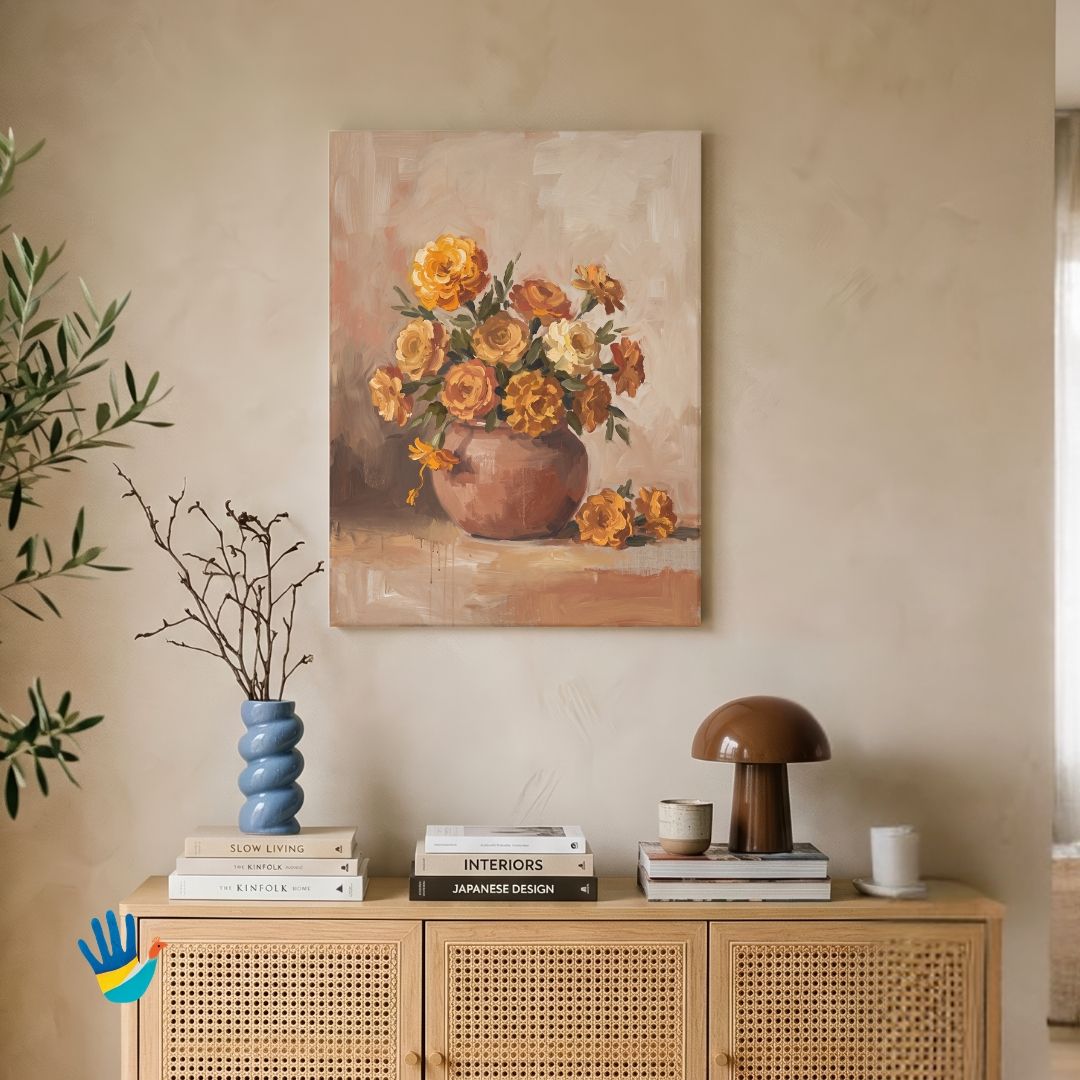 Genda in Terracotta | Marigold Still Life Wall Art 3 : 4 Vertical Premium Wall Art Canvas by MeriDeewar