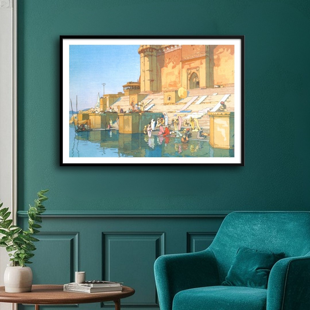 Ghat In Benaras painting by Yoshida Hiroshi-Japanese Woodblock 2 : 3 Horizontal Premium Wall Art Canvas by MeriDeewar