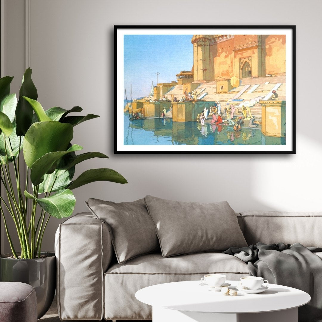 Ghat In Benaras painting by Yoshida Hiroshi-Japanese Woodblock 2 : 3 Horizontal Premium Wall Art Canvas by MeriDeewar