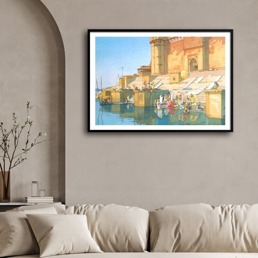 Ghat In Benaras painting by Yoshida Hiroshi-Japanese Woodblock 2 : 3 Horizontal Premium Wall Art Canvas by MeriDeewar