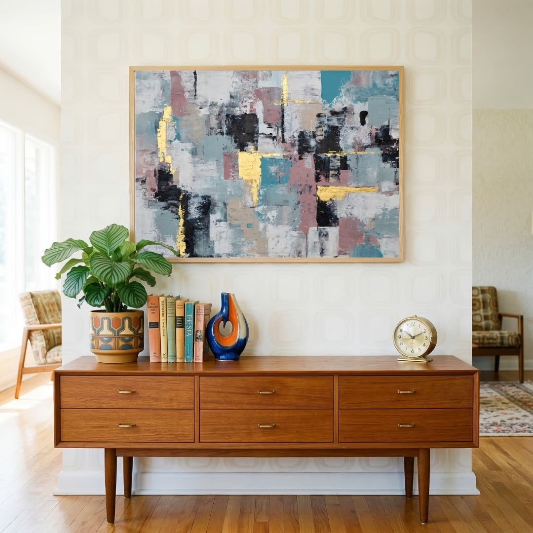 Gilded Horizon in Slate & Rose | Modern Abstract Expressionist Framed Wall Art 4 : 3 Horizontal Premium Wall Art Canvas by MeriDeewar