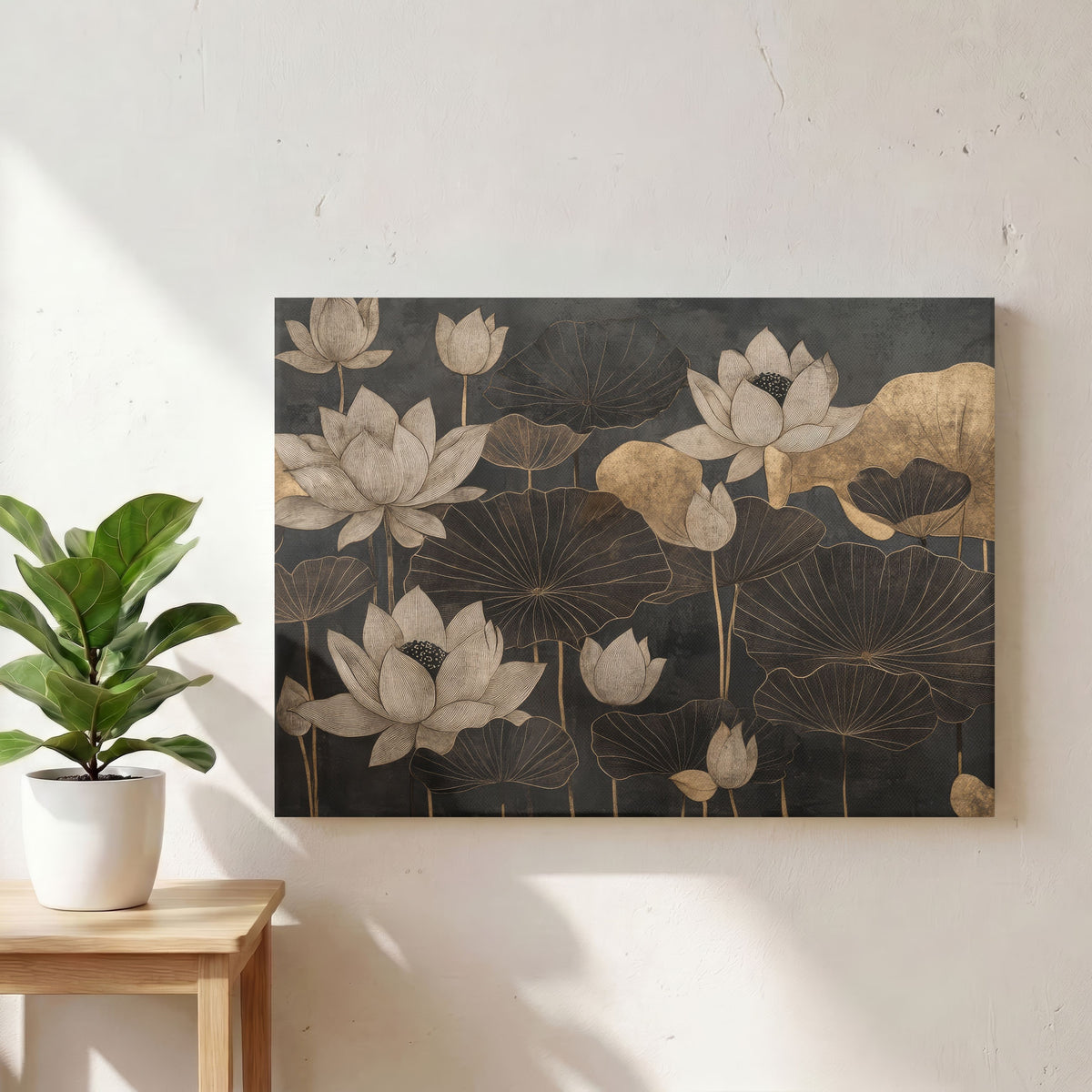 Gilded Lotuses on Charcoal | Modern Indian Botanical Framed Wall Art 4 : 3 Horizontal Premium Wall Art Canvas by MeriDeewar