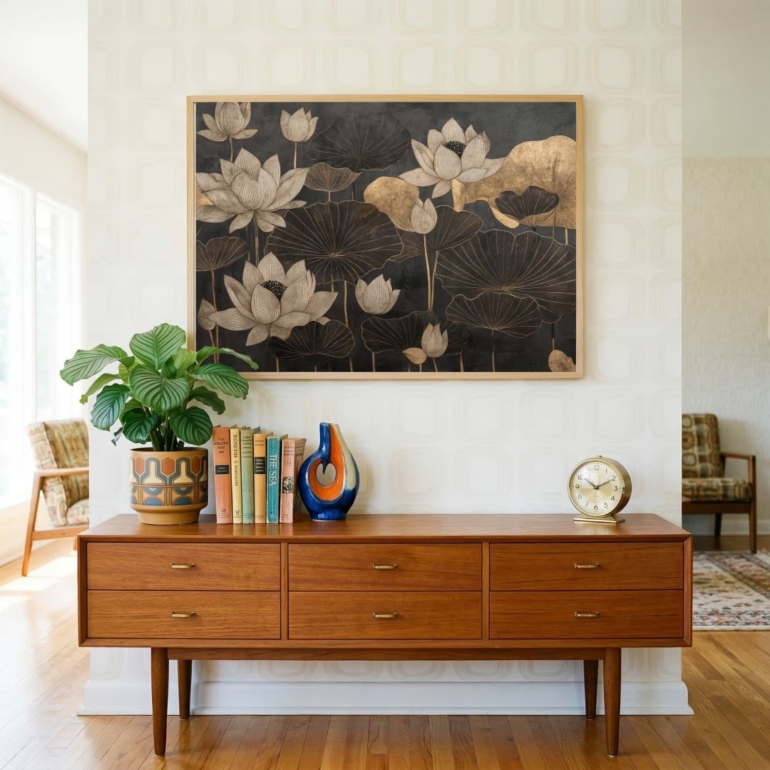 Gilded Lotuses on Charcoal | Modern Indian Botanical Framed Wall Art 4 : 3 Horizontal Premium Wall Art Canvas by MeriDeewar