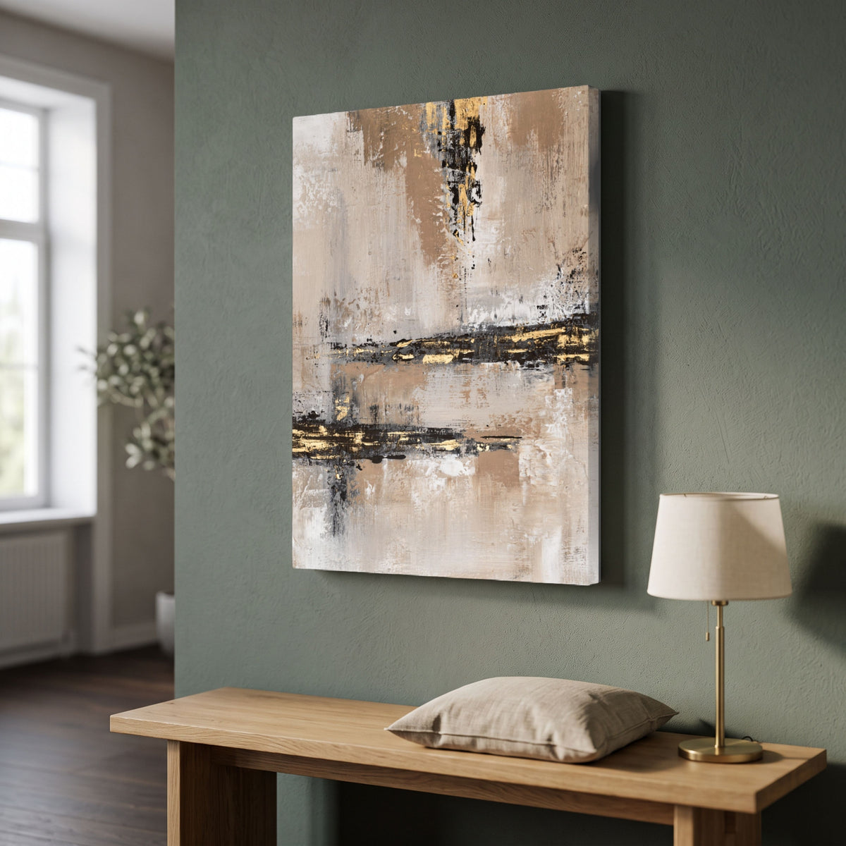 Gilded Strata | Modern Neutral & Gold Leaf Textured Abstract Fine Wall Art 3 : 4 Vertical Premium Wall Art Canvas by MeriDeewar