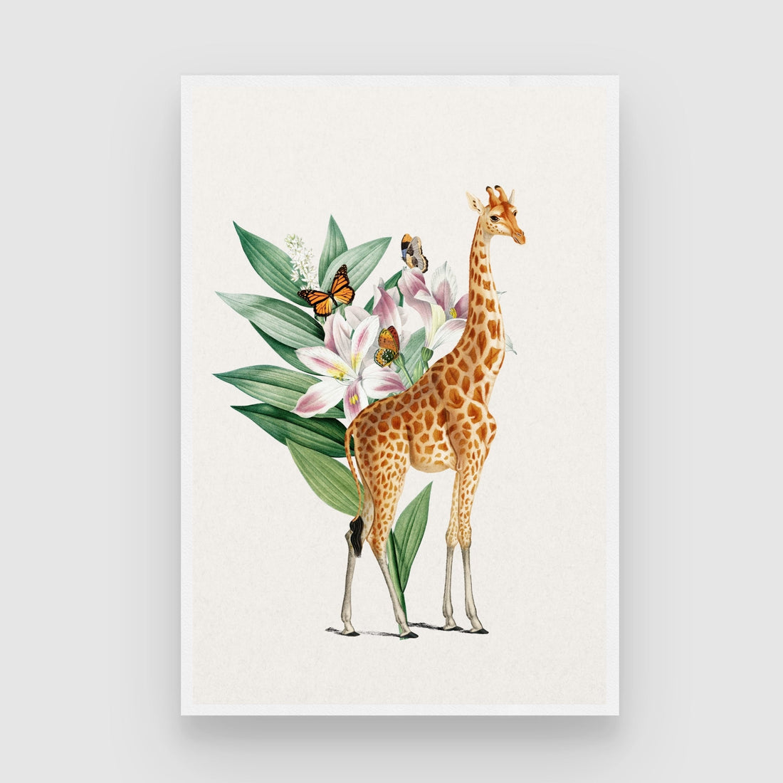 Giraffe & Lilies — Botanical Garden Canvas Print 2 : 3 Vertical Premium Wall Art Canvas by MeriDeewar
