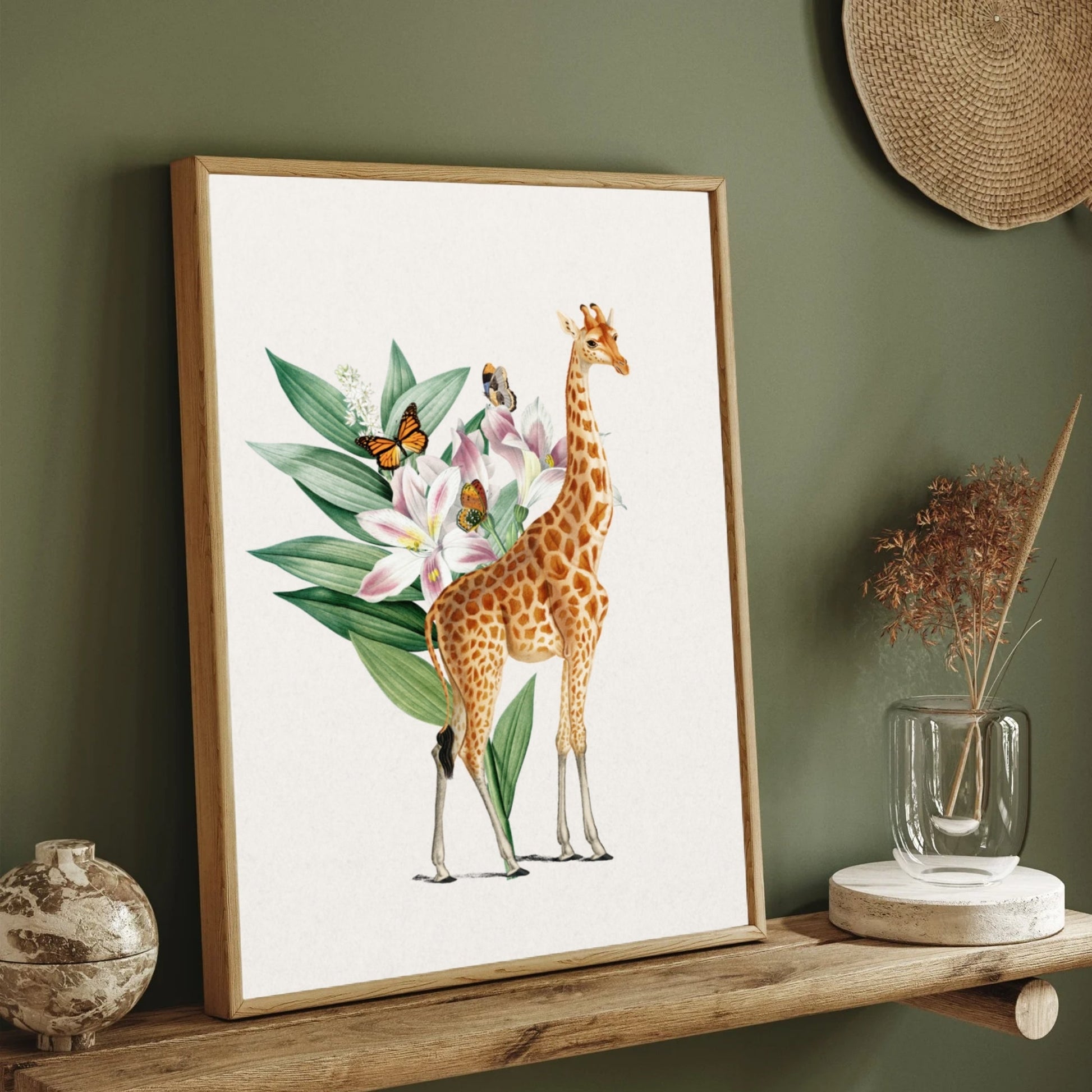 Giraffe & Lilies — Botanical Garden Canvas Print 2 : 3 Vertical Premium Wall Art Canvas by MeriDeewar
