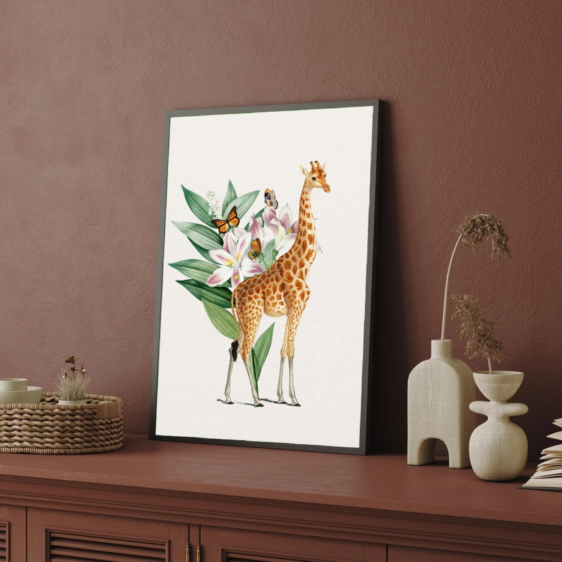 Giraffe & Lilies — Botanical Garden Canvas Print 2 : 3 Vertical Premium Wall Art Canvas by MeriDeewar