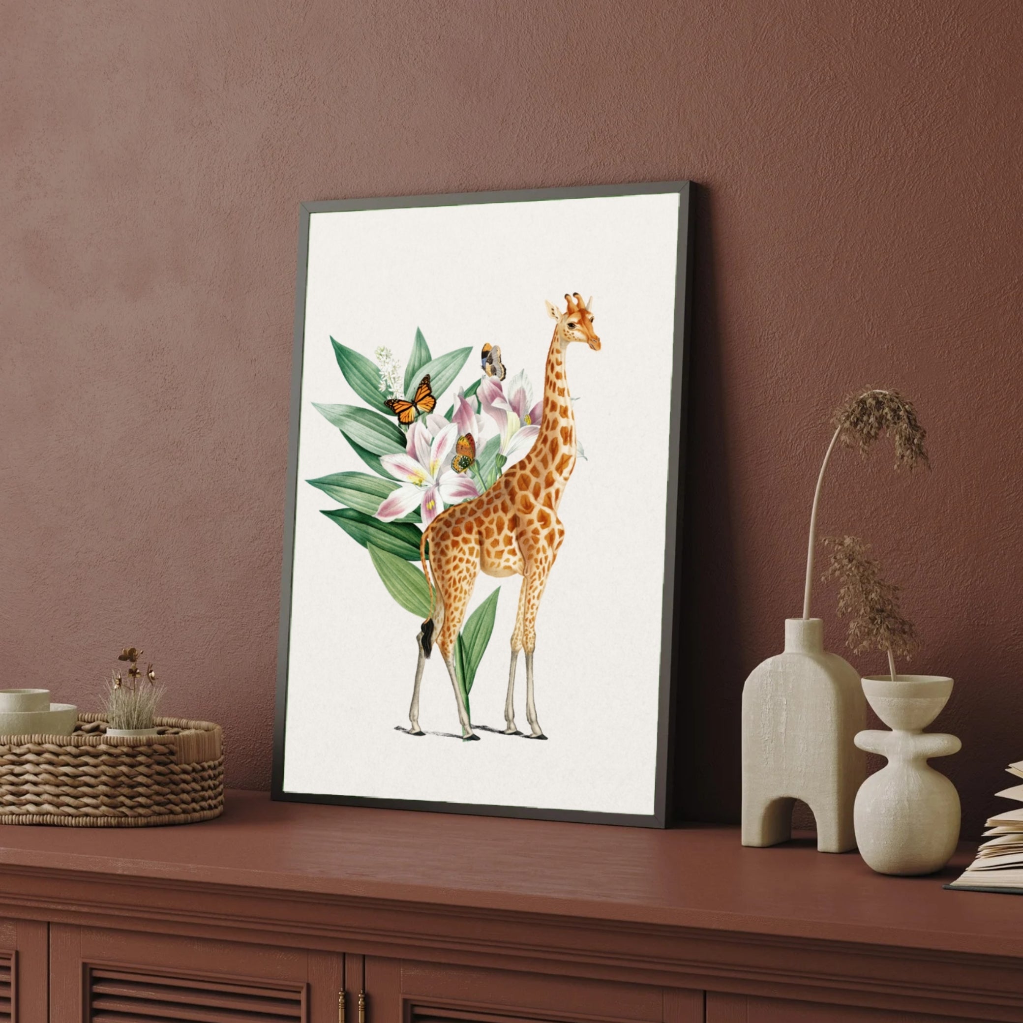Giraffe & Lilies — Botanical Garden Canvas Print 2 : 3 Vertical Premium Wall Art Canvas by MeriDeewar