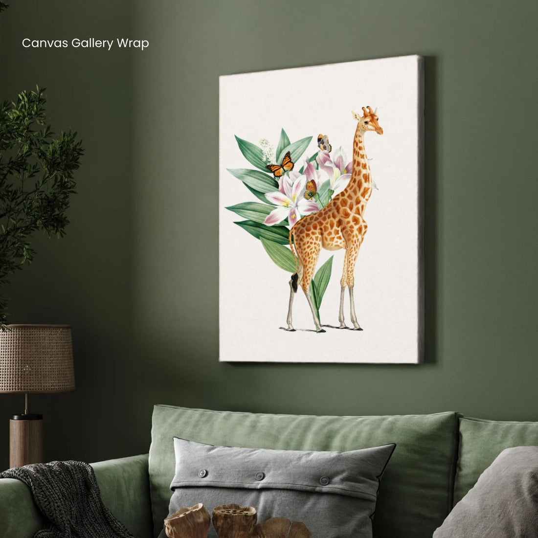 Giraffe & Lilies — Botanical Garden Canvas Print 2 : 3 Vertical Premium Wall Art Canvas by MeriDeewar