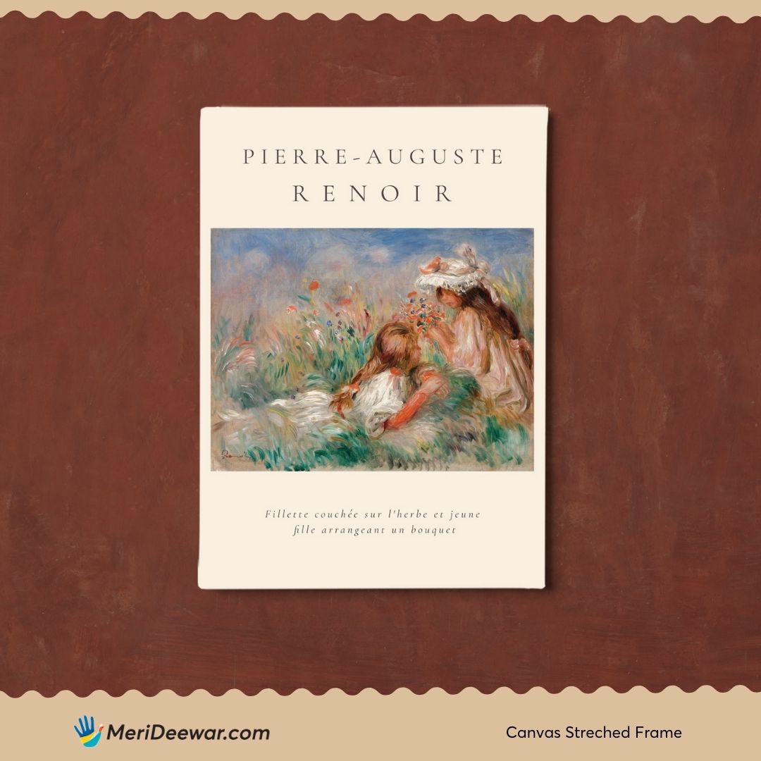 Girls In The Grass Arranging A Bouquet Painting By Pierre-Auguste Renoir 3 : 4 Vertical New Premium Wall Art Canvas by MeriDeewar