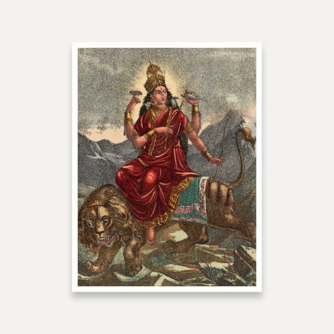 Goddess Jagadhatri Painting for Pooja Room | Durga Maa on Lion | Spiritual Wall Art 5 : 6 Vertical Premium Wall Art Canvas by MeriDeewar