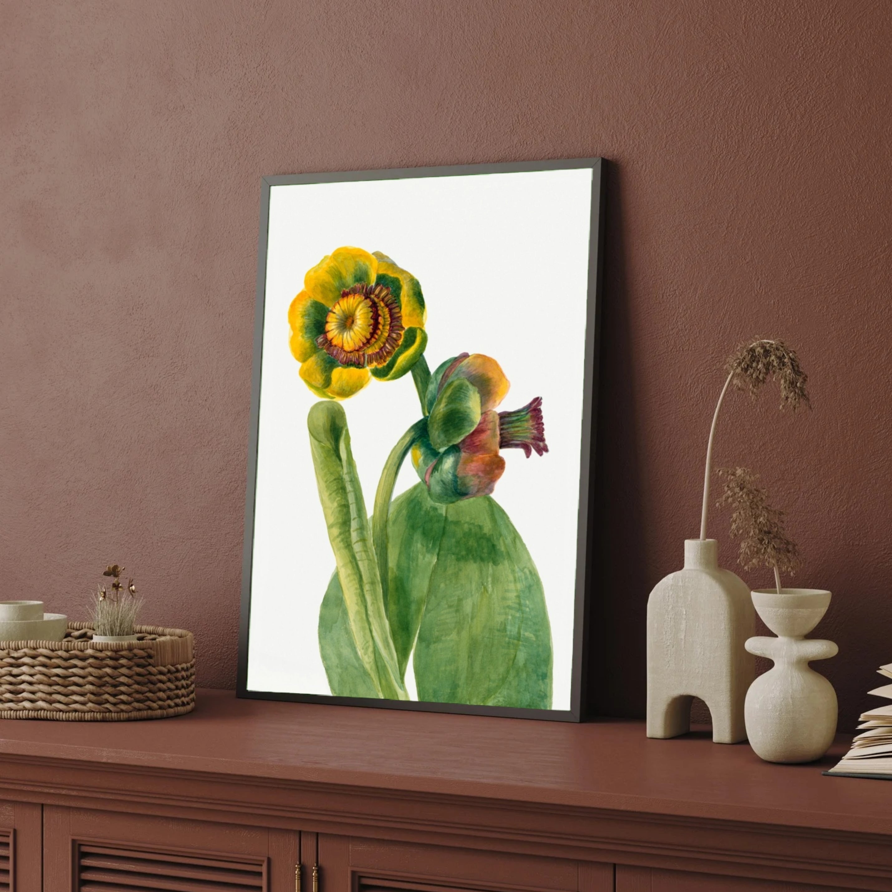 Golden Bloom – Botanical Flower Canvas Art Print 2 : 3 Vertical Premium Wall Art Canvas by MeriDeewar