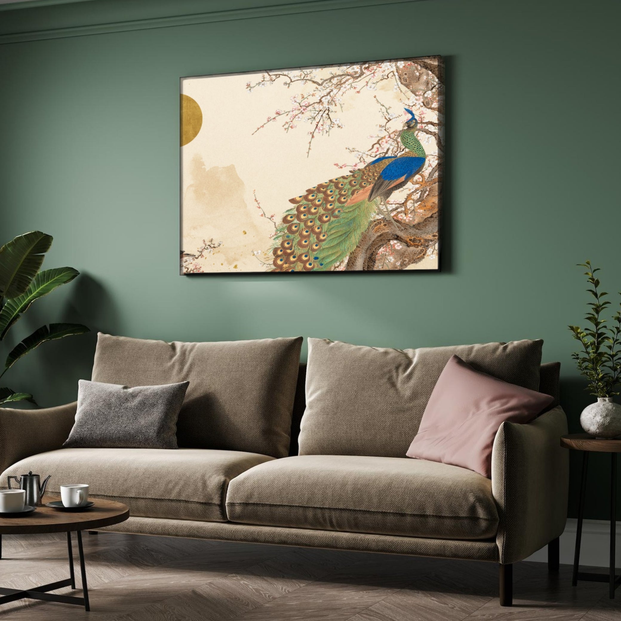 Golden Blossom Peacock — Luxury Floral Peacock Canvas 2 : 3 Horizontal Premium Wall Art Canvas by MeriDeewar