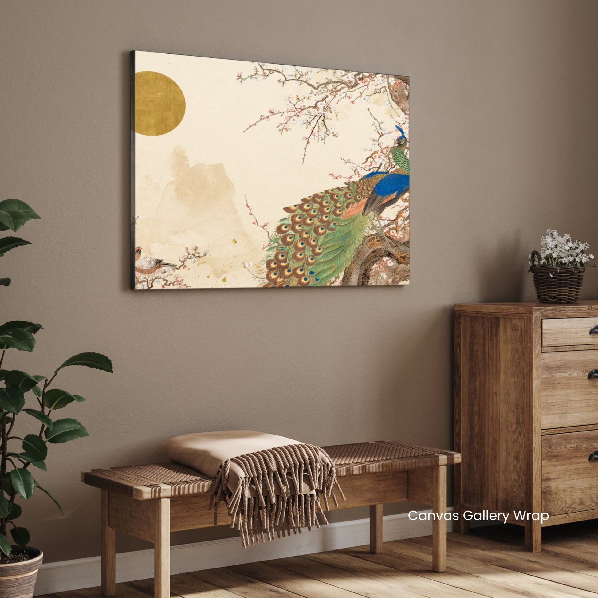 Golden Blossom Peacock — Luxury Floral Peacock Canvas 2 : 3 Horizontal Premium Wall Art Canvas by MeriDeewar