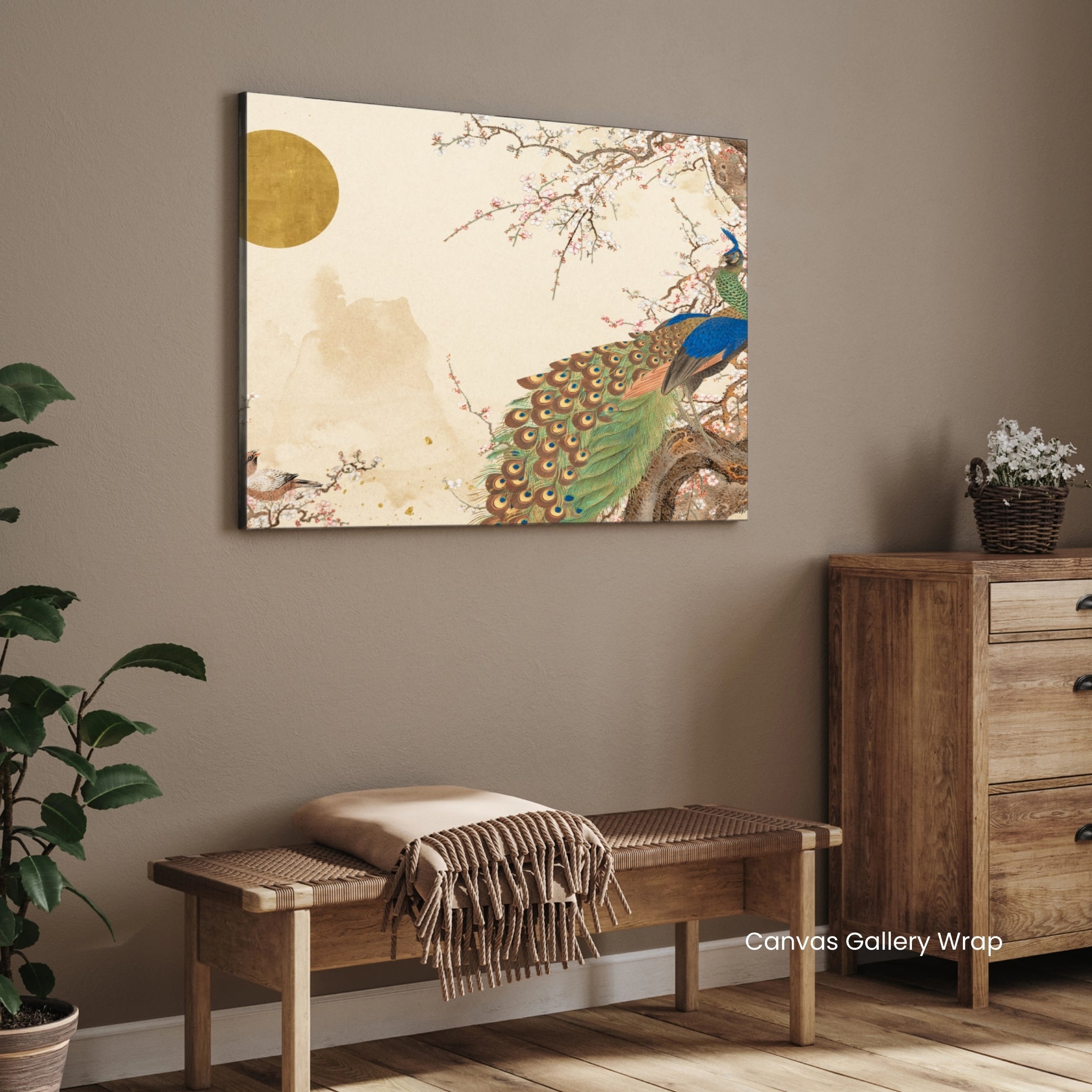 Golden Blossom Peacock — Luxury Floral Peacock Canvas 2 : 3 Horizontal Premium Wall Art Canvas by MeriDeewar