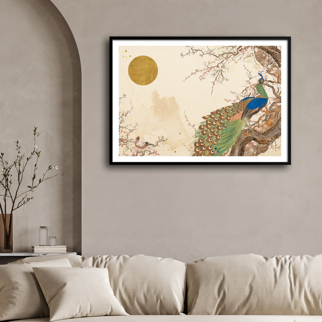 Golden Blossom Peacock — Luxury Floral Peacock Canvas 2 : 3 Horizontal Premium Wall Art Canvas by MeriDeewar