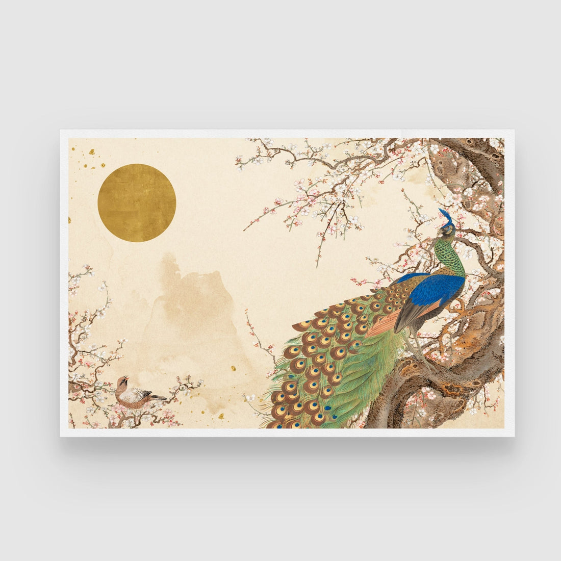 Golden Blossom Peacock — Luxury Floral Peacock Canvas 2 : 3 Horizontal Premium Wall Art Canvas by MeriDeewar