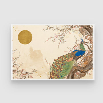 Golden Blossom Peacock — Luxury Floral Peacock Canvas 2 : 3 Horizontal Premium Wall Art Canvas by MeriDeewar