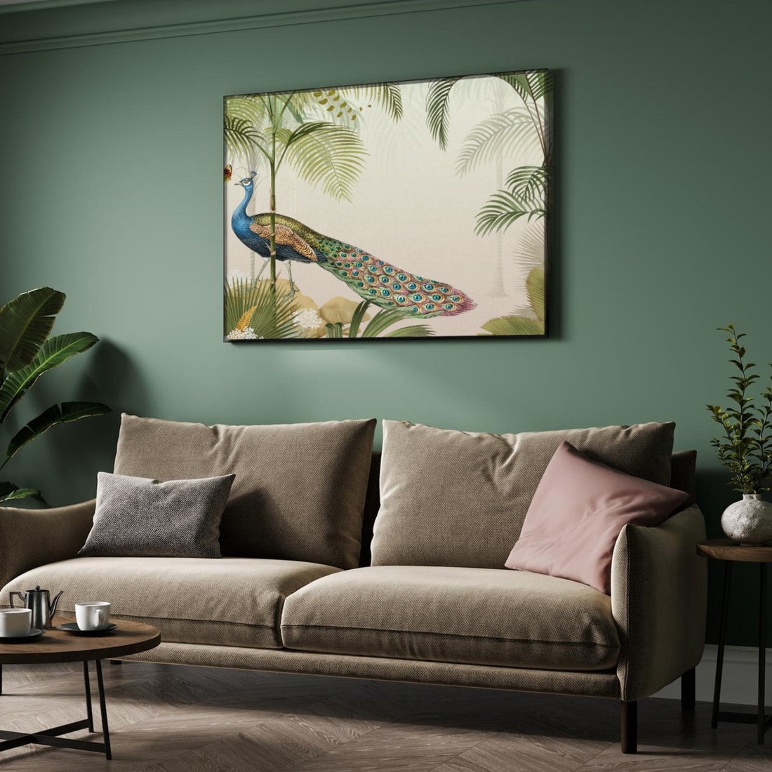 Golden Blossom Peacock — Luxury Floral Peacock Canvas 2 : 3 Horizontal Premium Wall Art Canvas by MeriDeewar