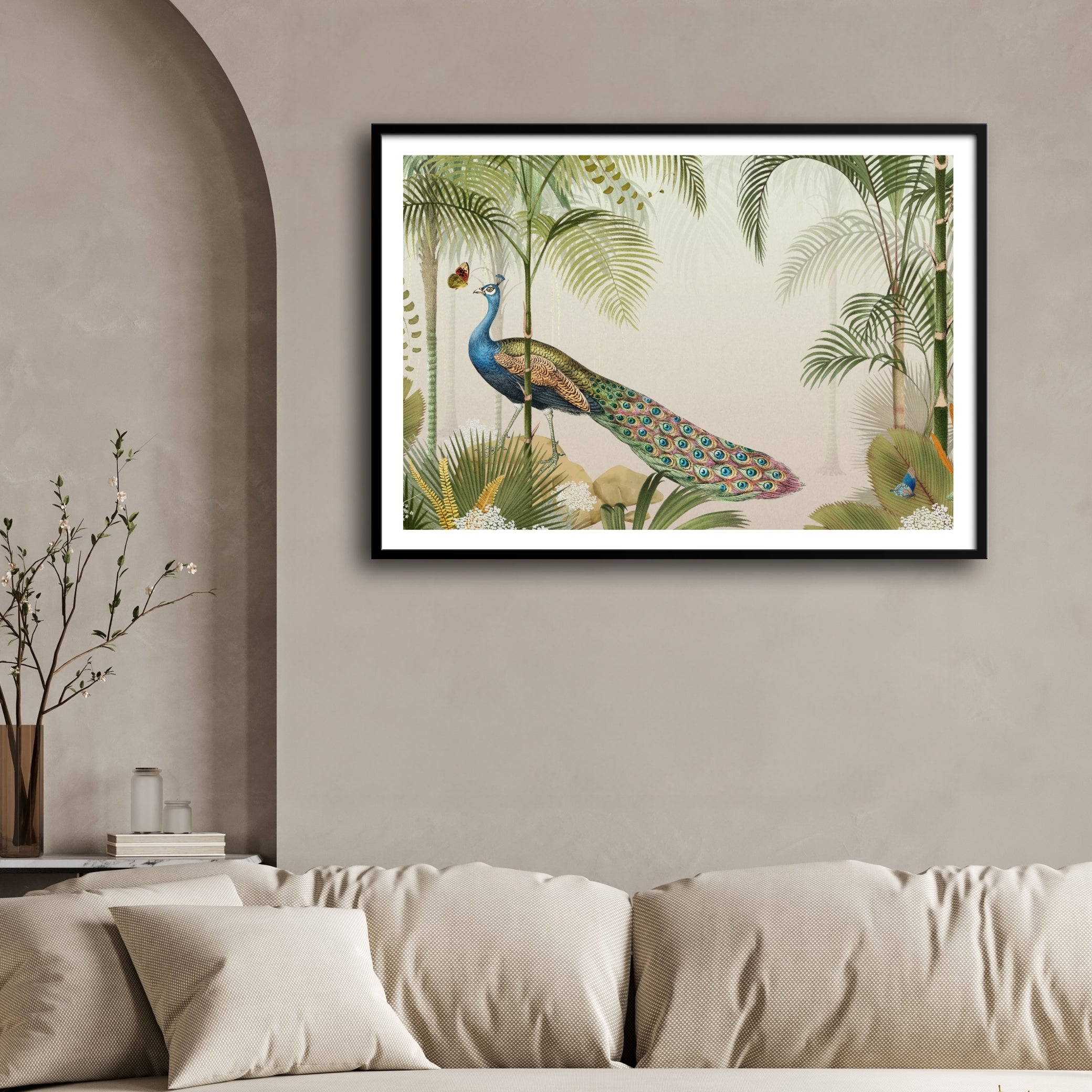 Golden Blossom Peacock — Luxury Floral Peacock Canvas 2 : 3 Horizontal Premium Wall Art Canvas by MeriDeewar