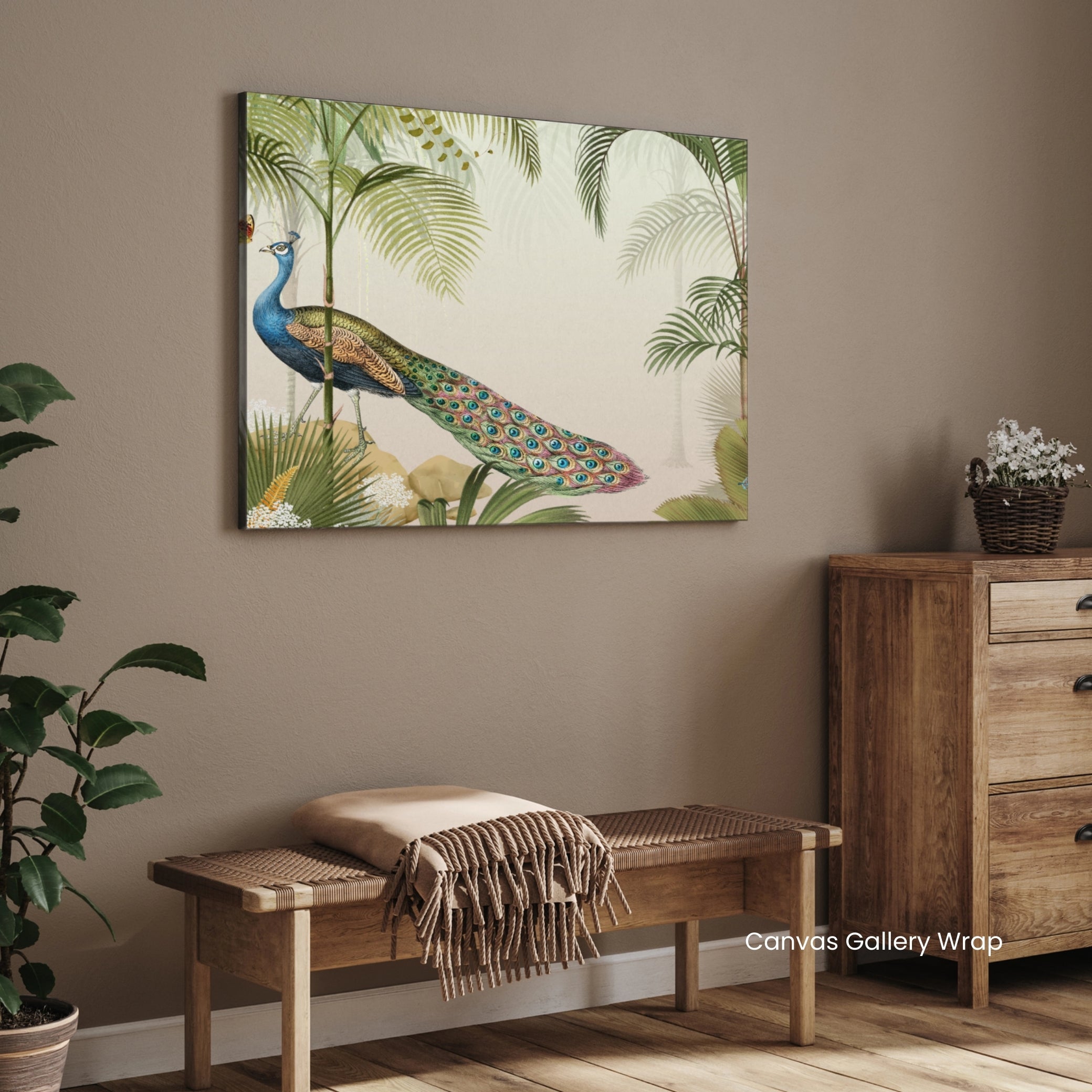 Golden Blossom Peacock — Luxury Floral Peacock Canvas 2 : 3 Horizontal Premium Wall Art Canvas by MeriDeewar