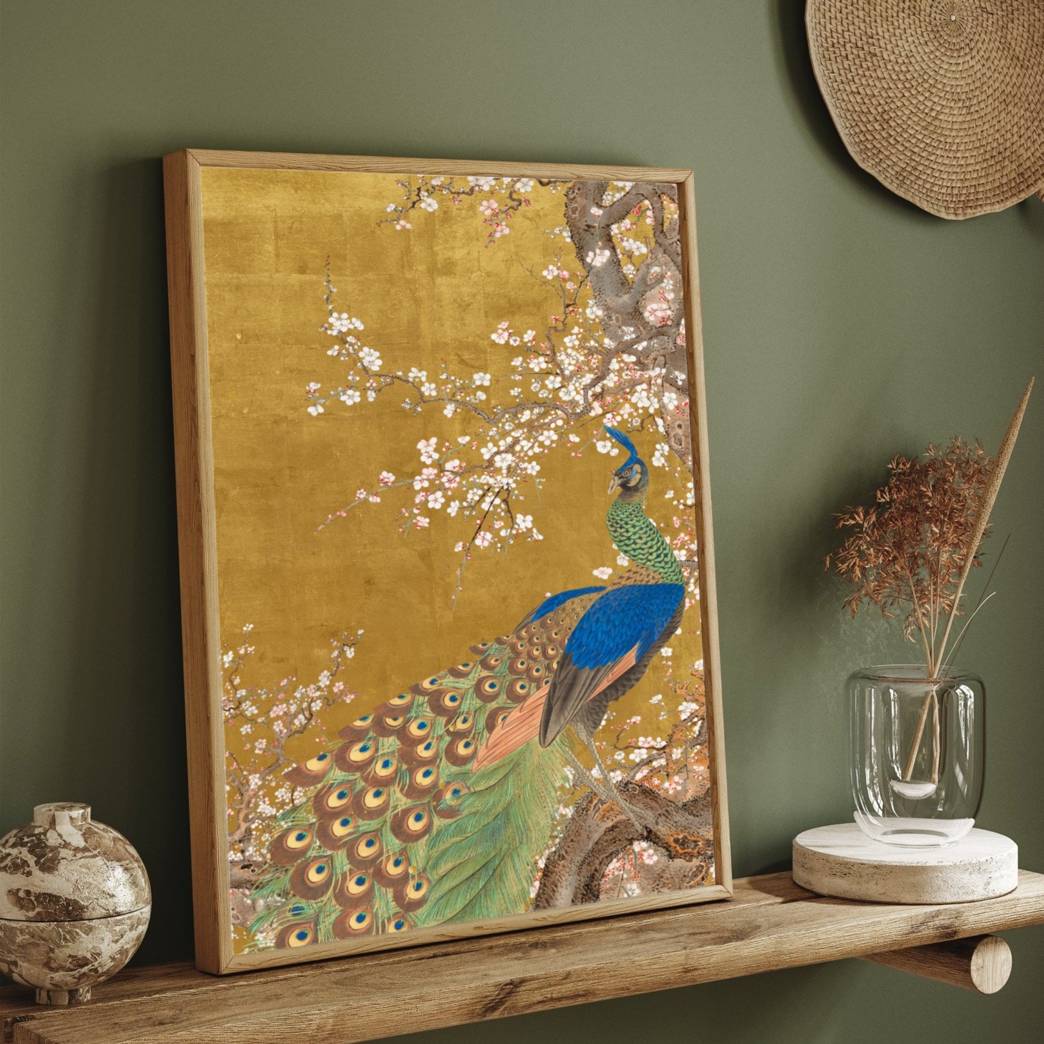 Golden Blossom Peacock —Modern Floral Peacock Print 2 : 3 Vertical Premium Wall Art Canvas by MeriDeewar