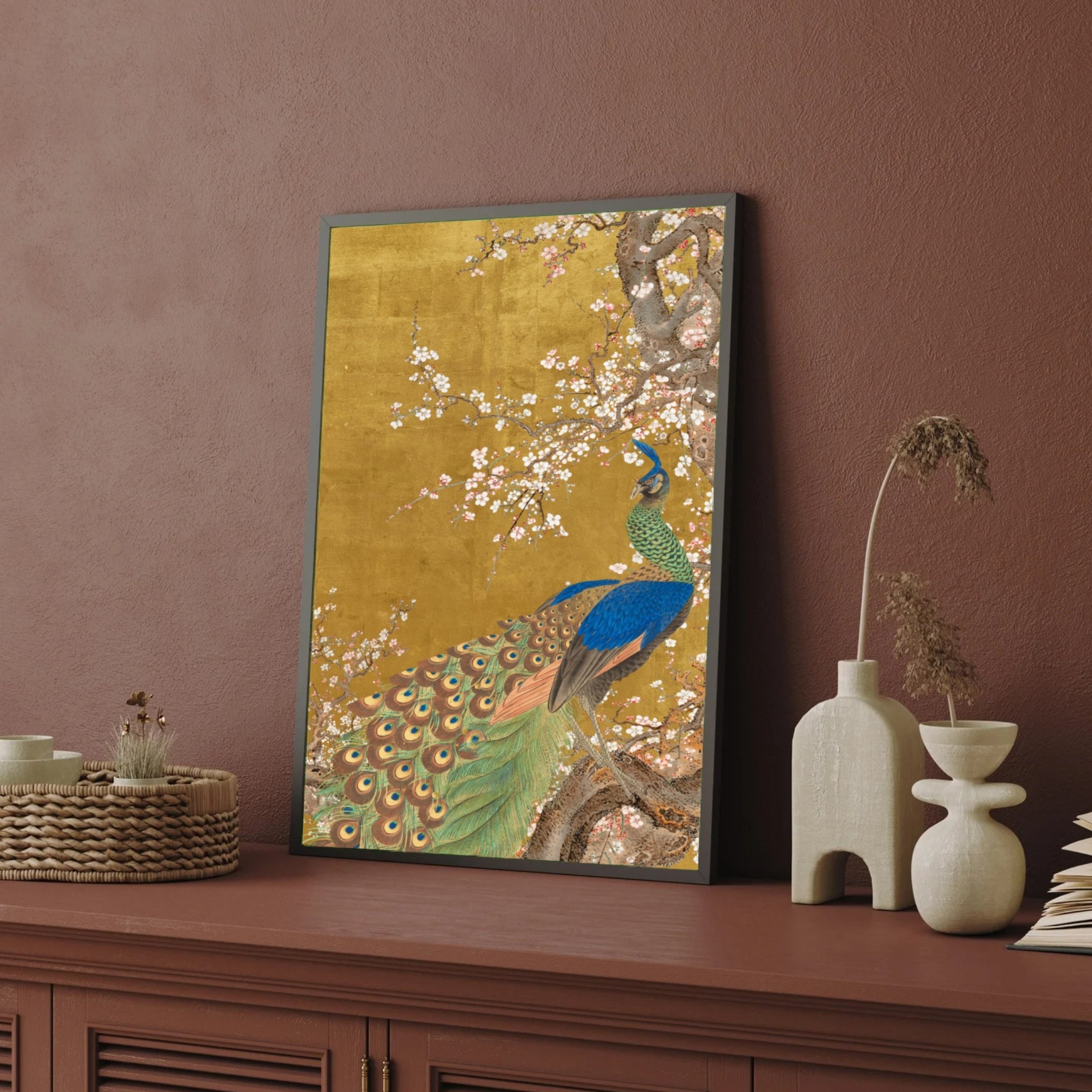 Golden Blossom Peacock —Modern Floral Peacock Print 2 : 3 Vertical Premium Wall Art Canvas by MeriDeewar