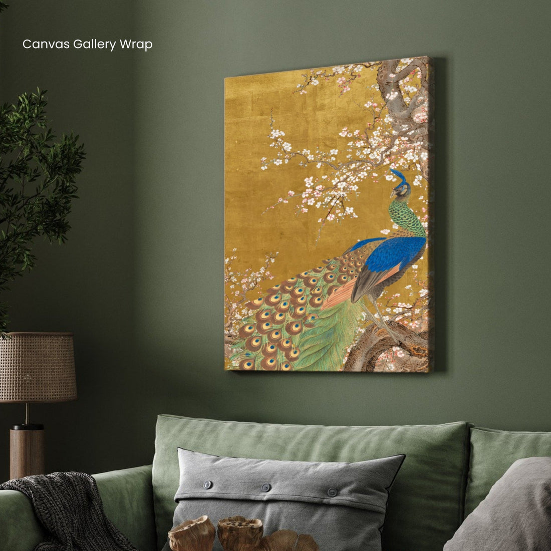 Golden Blossom Peacock —Modern Floral Peacock Print 2 : 3 Vertical Premium Wall Art Canvas by MeriDeewar