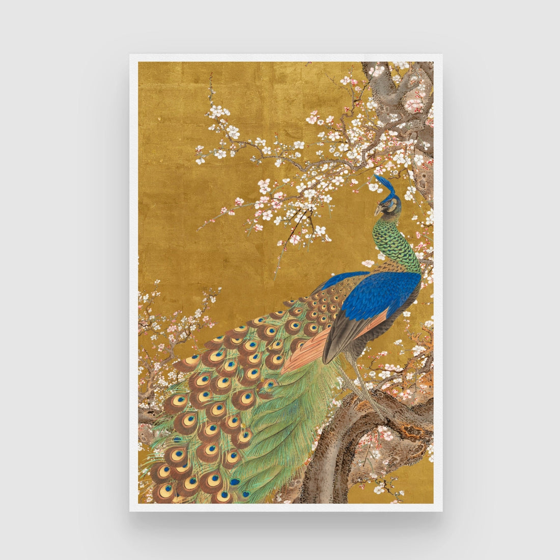 Golden Blossom Peacock —Modern Floral Peacock Print 2 : 3 Vertical Premium Wall Art Canvas by MeriDeewar