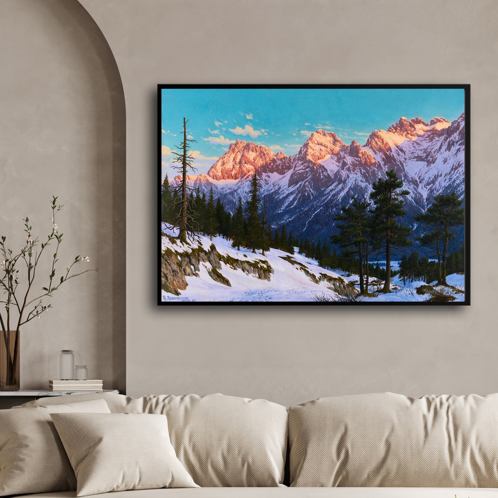 Golden Dawn – Sunrise Over Snowy Peaks Wall Art 2 : 3 Horizontal Premium Wall Art Canvas by MeriDeewar