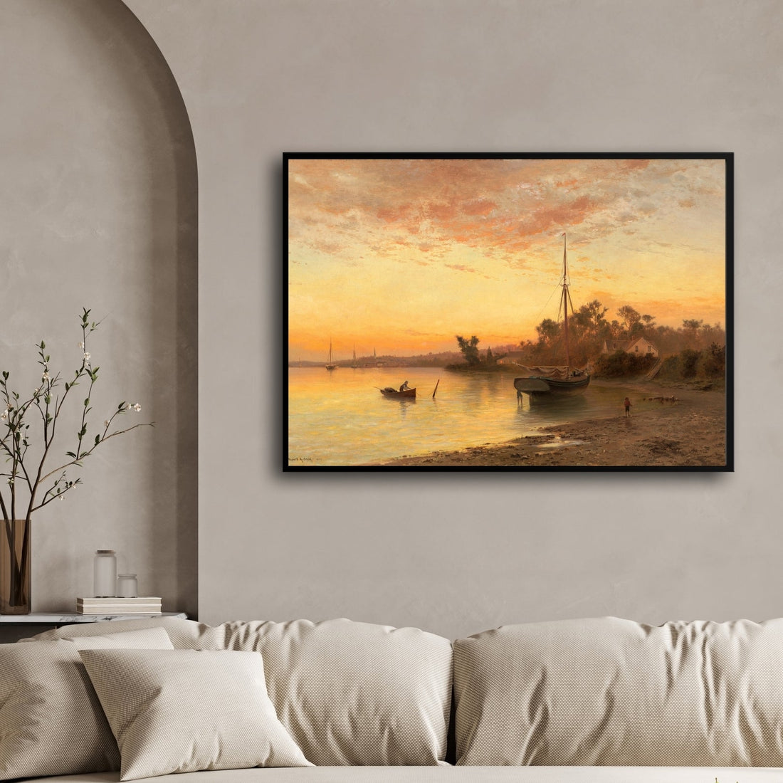 Golden Dusk by the River – Tranquil Vintage Sunset Landscape 2 : 3 Horizontal Premium Wall Art Canvas by MeriDeewar