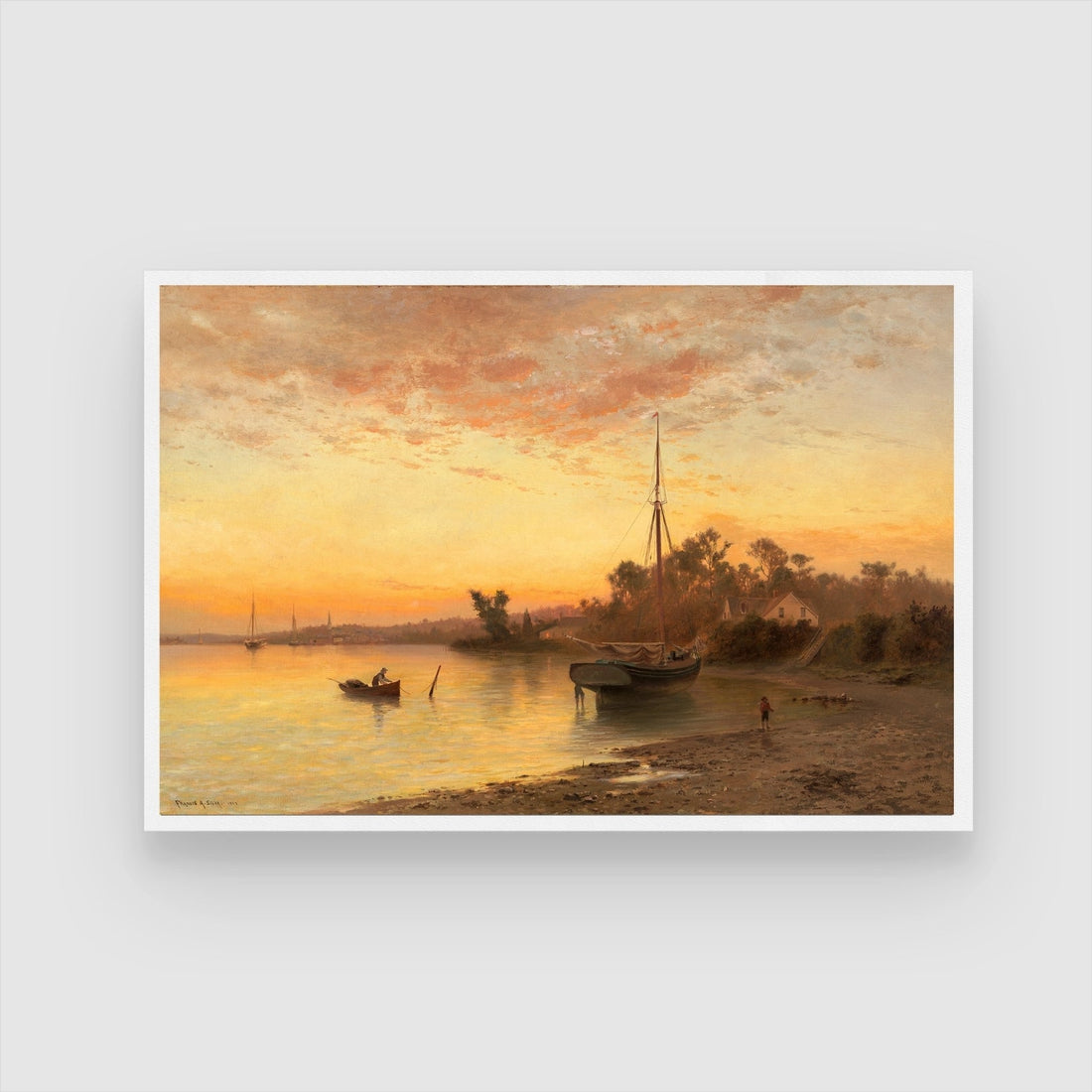 Golden Dusk by the River – Tranquil Vintage Sunset Landscape 2 : 3 Horizontal Premium Wall Art Canvas by MeriDeewar