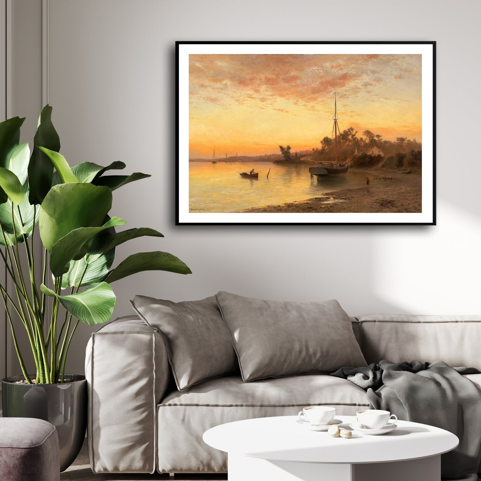Golden Dusk by the River – Tranquil Vintage Sunset Landscape 2 : 3 Horizontal Premium Wall Art Canvas by MeriDeewar