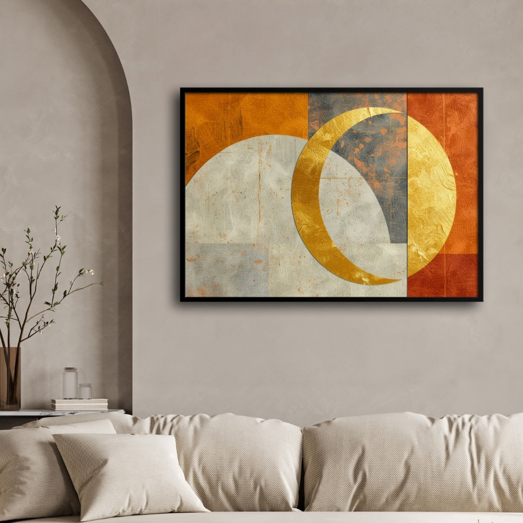 Golden Eclipse – Modern Celestial Abstract Wall Art Print 2 : 3 Horizontal Premium Wall Art Canvas by MeriDeewar