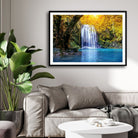 Golden Glow Falls – Serene Waterfall Canvas Wall Art 2 : 3 Horizontal Premium Wall Art Canvas by MeriDeewar