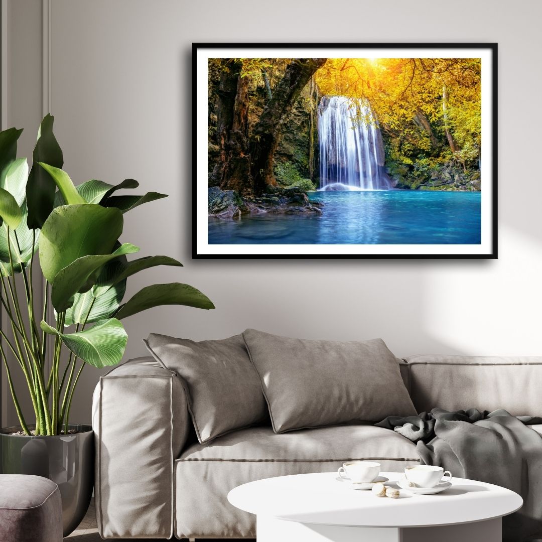 Golden Glow Falls – Serene Waterfall Canvas Wall Art 2 : 3 Horizontal Premium Wall Art Canvas by MeriDeewar