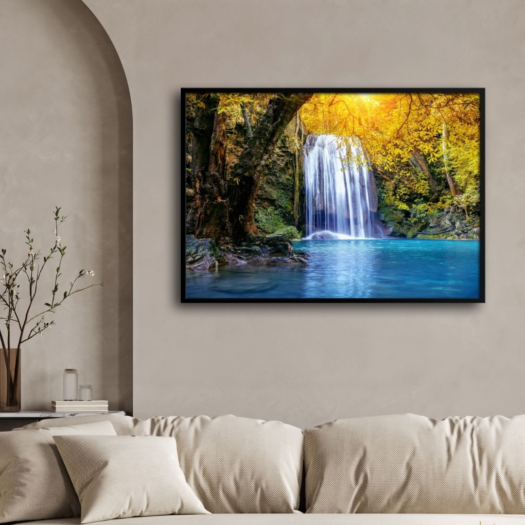 Golden Glow Falls – Serene Waterfall Canvas Wall Art 2 : 3 Horizontal Premium Wall Art Canvas by MeriDeewar
